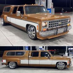 two pictures of the same truck in different stages of being painted brown and white with chrome rims