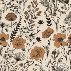 an orange and black flower pattern on a white background with brown flowers in the foreground