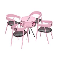 pink children's table and chairs with black leather seats on the bottom, set against a white background