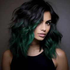 Emerald Green Balayage on Black Hair Black To Emerald Green Hair, Very Dark Green Hair, Black Hair With Emerald Green, Black With Green Hair, Brown And Emerald Green Hair, Emerald Green Hair Highlights, Black To Green Ombre Hair, Emerald Green Money Piece Hair, Black And Green Hair Ideas