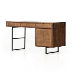 the desk is made out of wood and has two drawers on each side, with one drawer open