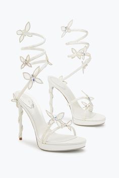 Wedding Ideas Shoes, White Quince Shoes, Strappy Wedding Heels, White Heels Wedding Bridal Shoes, Bride Wedding Shoes Heels, White Elegant Heels, Heels With Bows On Back, Pretty White Heels, Whimsical Wedding Shoes