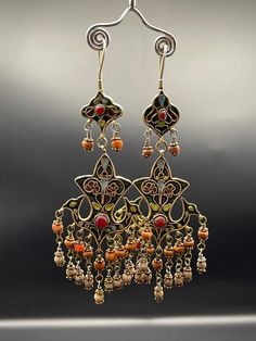 Very Unique Old Afghani Handmade Silver Enamel Earring With Old Natural Coral, Agate, Shell Traditional Multicolor Pierced Earrings, Traditional Brown Round Earrings, Bohemian Enamel Jewelry With Inlay, Bohemian Enamel Inlay Jewelry, Handmade Multicolor Ornate Jewelry, Bohemian Multicolor Enamel Earrings, Bohemian Enamel Pierced Jewelry, Pierced Dangle Earrings In Enamel, Bohemian Enamel Jewelry