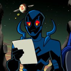 an animated character holding a piece of paper in front of some rocks and planets with red eyes