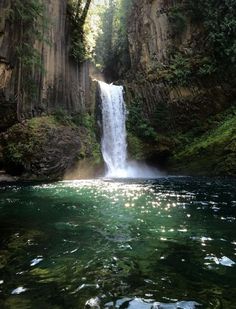 a large waterfall in the middle of a forest filled with green trees and water flowing down it's sides