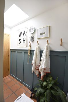 two towels hanging on the wall next to a potted plant