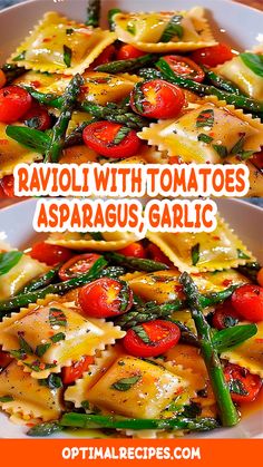 ravioli with tomatoes, asparagus and garlic