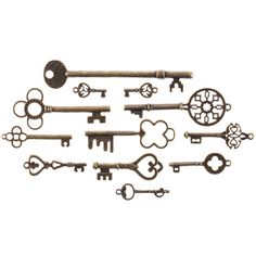 an assortment of antique keys are shown in the shape of a key with different shapes and sizes