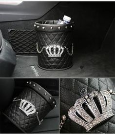 the crown shaped purse is on display in the car