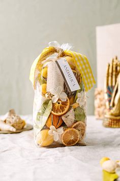 a bag filled with orange slices on top of a table