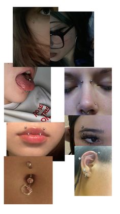 multiple images of different types of piercings on women's face and neck, including nose rings