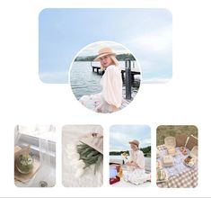 a woman sitting on top of a wooden bench next to a lake and surrounded by photos