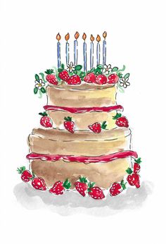 a drawing of a cake with strawberries on it and candles in the top tier