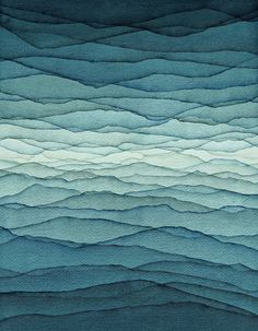 an abstract painting with blue and green waves on the water, as if it were made out of paper