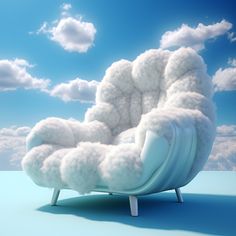 a cloud like chair sitting on top of a blue floor under a partly cloudy sky