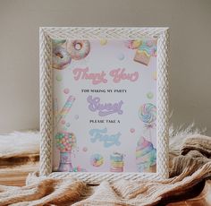 a thank you card for making my party sweet please take a bite on the table