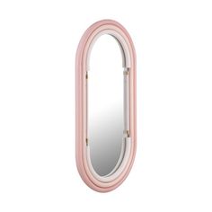 a pink and white oval mirror with gold trimmings on the bottom, against a white background