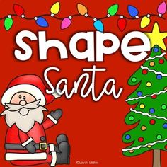 a santa clause standing next to a christmas tree with the words shape santa on it