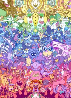 an image of many different colored pokemons in the sky with stars and circles around them