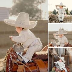 a collage of photos with a baby in a cowboy hat on top of a horse