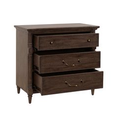 the three drawers are brown and have brass handles on each one side, while the other is dark wood