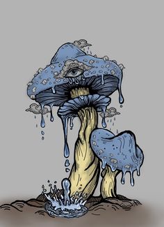 an artistic drawing of a mushroom with water dripping from it's top and bottom