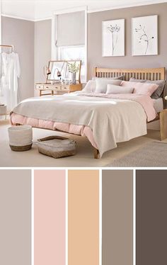 a bedroom is shown with neutrals and pinks in the color scheme, including bedding