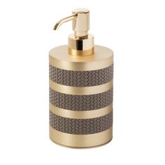 a soap dispenser with grey and gold stripes