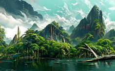 an artistic painting of mountains and trees in the water with boats floating on the river