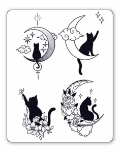 four black cats sitting on the moon and flowers