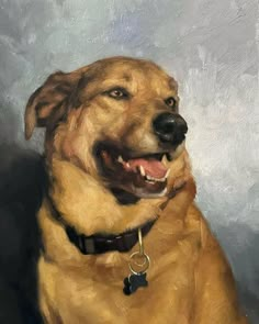 a painting of a brown dog with a black star on it's collar smiling