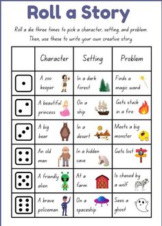 roll a story game with pictures and words to describe the characters in each character's life