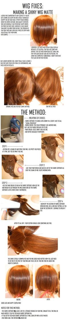 Cosplay Wigs: Taking away wig shine by ~cosplay--tutorials on deviantART #Cosplay Wig Tips, Wig Care, Hallowen Ideas, Costume Tutorial, Cosplay Tutorial, Cosplay Diy, Cosplay Tips, Wigs Online, Wig Making