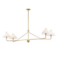 a brass chandelier with five white shades