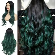 Dark Roots Hair, Dark Green Hair, Ombre Dark, Green Wig, Dyed Hair Inspiration, Wavy Style, Dark Roots, Hair Dye Colors, Wigs For Women