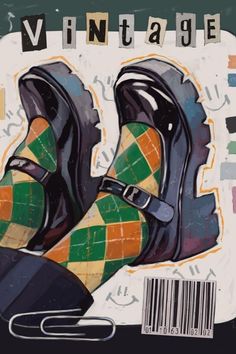 a pair of black shoes sitting on top of a magazine cover next to a paper clip