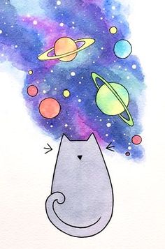 a drawing of a cat with planets in the background