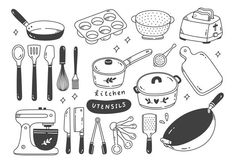 hand drawn kitchen utensils and cookware set in doodle style, isolated on white background