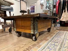 Reclaimed Industrial Wooden Coffee Table Cart // ONH Item 4449 Industrial Coffee Table With Wheels, Dark Industrial, Rustic Industrial Coffee Table, Cart Coffee Table, Wooden Trunks, Iron Coffee Table, Wall Trim, Old New House, Wooden Coffee Table