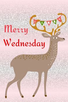 a merry wednesday card with a deer and bunting garland on its antlers in pink