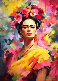 an oil painting of a woman with flowers in her hair and wearing bright colored clothing