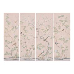 four panels with birds and flowers painted on the side of each panel, one is pink