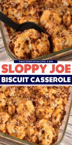 sloppy joe biscuit casserole in a glass baking dish with the title above it