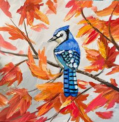 a painting of a blue jay perched on a branch with autumn leaves in the background