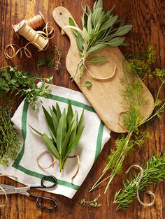 herbs and scissors on a wooden table with green napkins, twine sprigs