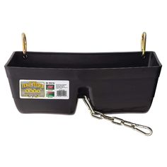 a black plastic container with two handles and a chain attached to the side of it