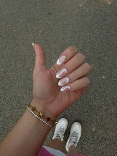 french tip with white chrome✨ 2024 summer nail inspo🤍 White French Tip With Pearl Chrome, French Tips With White Chrome, Chrome Nails With White French Tips, White French Tips Chrome, White Tip Nails With Chrome, Round Almond French Tip, Hoco Nails Oval, White Chrome With Design, White French Crome Nails