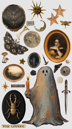 an assortment of antique and modern items are arranged in the shape of a ghost with a candle