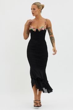 Rose Garden Ruched Mesh Midi Dress Black Emerald Midi Dress, First Date Dress Romantic, Black Rose Dress, Lounge Wear Dress, Black Selfie, Shapewear Tops, Clothes Wishlist, Selfie Leslie, Mesh Midi Dress