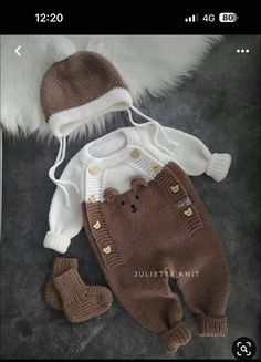 a knitted bear outfit and booties are on display